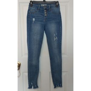 Rewash Mid Rise Button Fly Distressed Fringe Raw Hem Skinny Blue Jeans Size 25